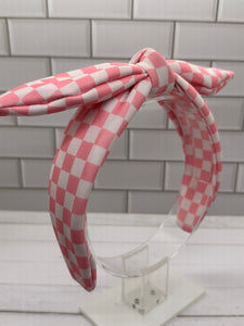 Pink and White Checkered Bow Headband