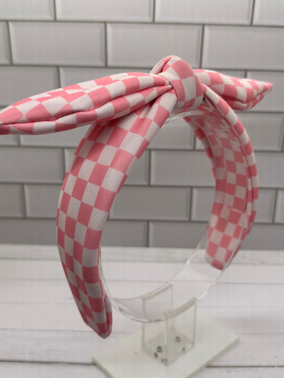 Pink and White Checkered Bow Headband